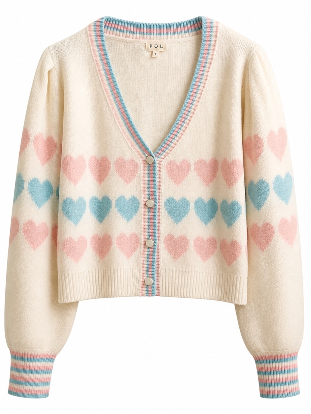Pol Heart-Stripe V-Neck Cropped Cardigan Sweater - Cream with Pink & Blue Boho L